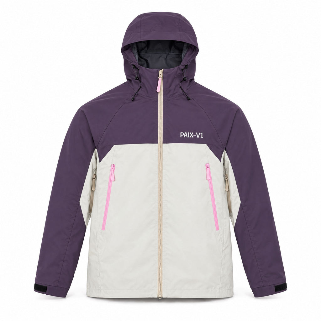 PAIX-V1 PINK CODE 007-jakke forfra: blomme og lysegrå med hætte, pink lynlåslommer og PAIX-V1-logo