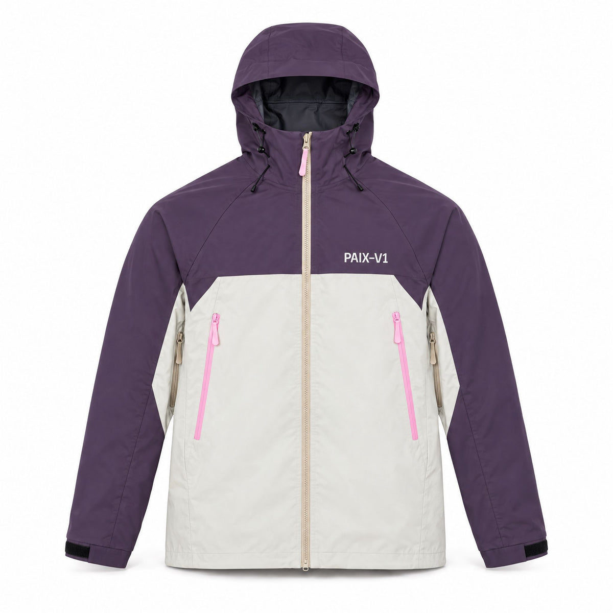 PAIX-V1 PINK CODE 007-jakke forfra: blomme og lysegrå med hætte, pink lynlåslommer og PAIX-V1-logo