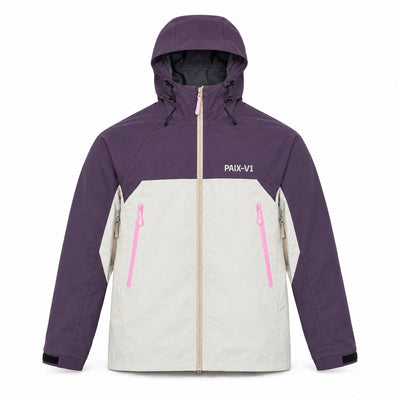 PAIX-V1 PINK CODE 007 jacket, front: plum and light grey with hood, pink zip pockets and PAIX-V1 logo