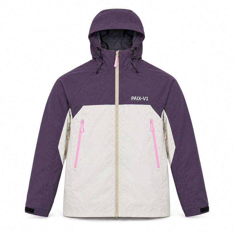 PAIX-V1 PINK CODE 007 jacket, front: plum and light grey with hood, pink zip pockets and PAIX-V1 logo