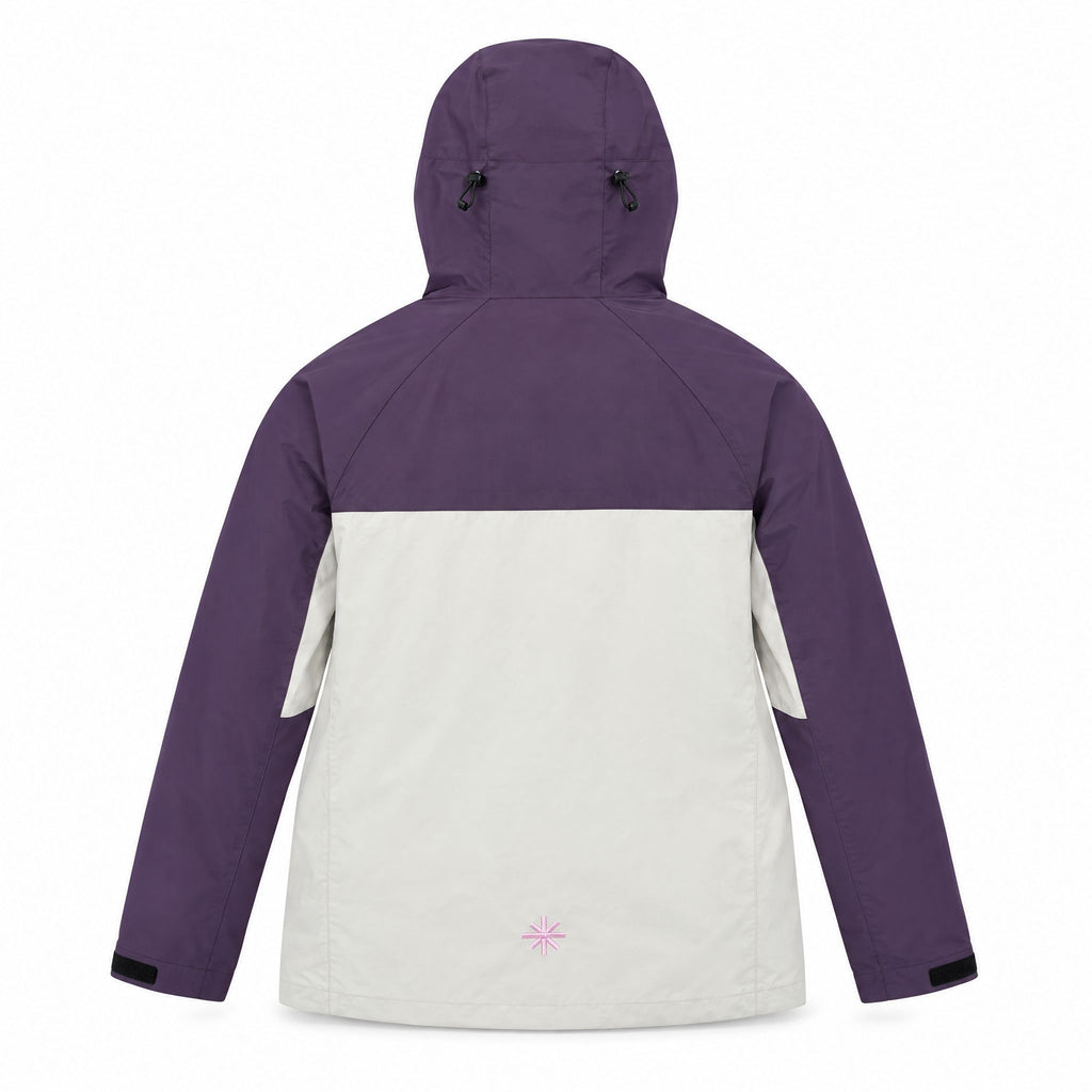 PAIX-V1 PINK CODE 007-jakke bagfra: blommefarvet hætte og skuldre, lysegrå krop og et lille pink logo