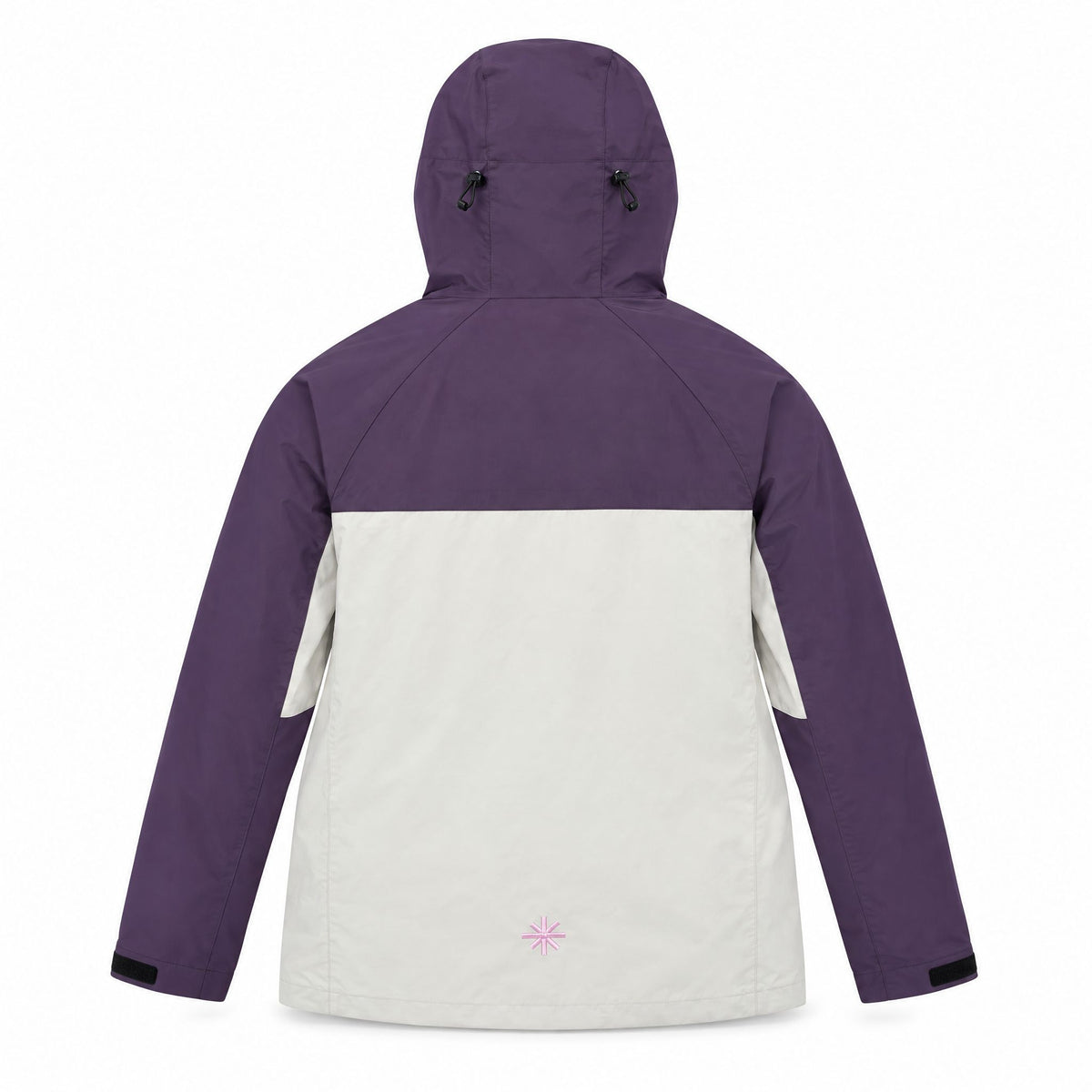 PAIX-V1 PINK CODE 007-jakke bagfra: blommefarvet hætte og skuldre, lysegrå krop og et lille pink logo
