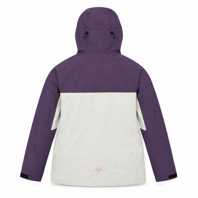 PAIX-V1 PINK CODE 007 jacket, back: plum hood and shoulders, light grey body and a small pink logo