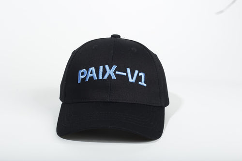 PAIX-V1 cap in black with sky blue embroidered logo, front view