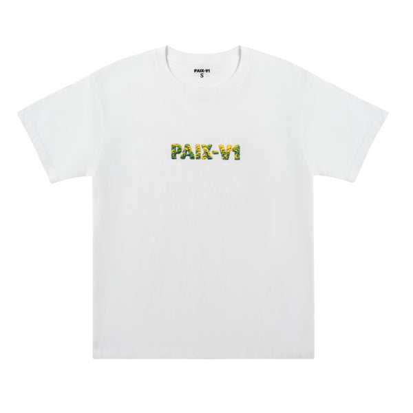 PAIX-V1 T-shirt Brazil: white T-shirt with a green and yellow PAIX-V1 logo