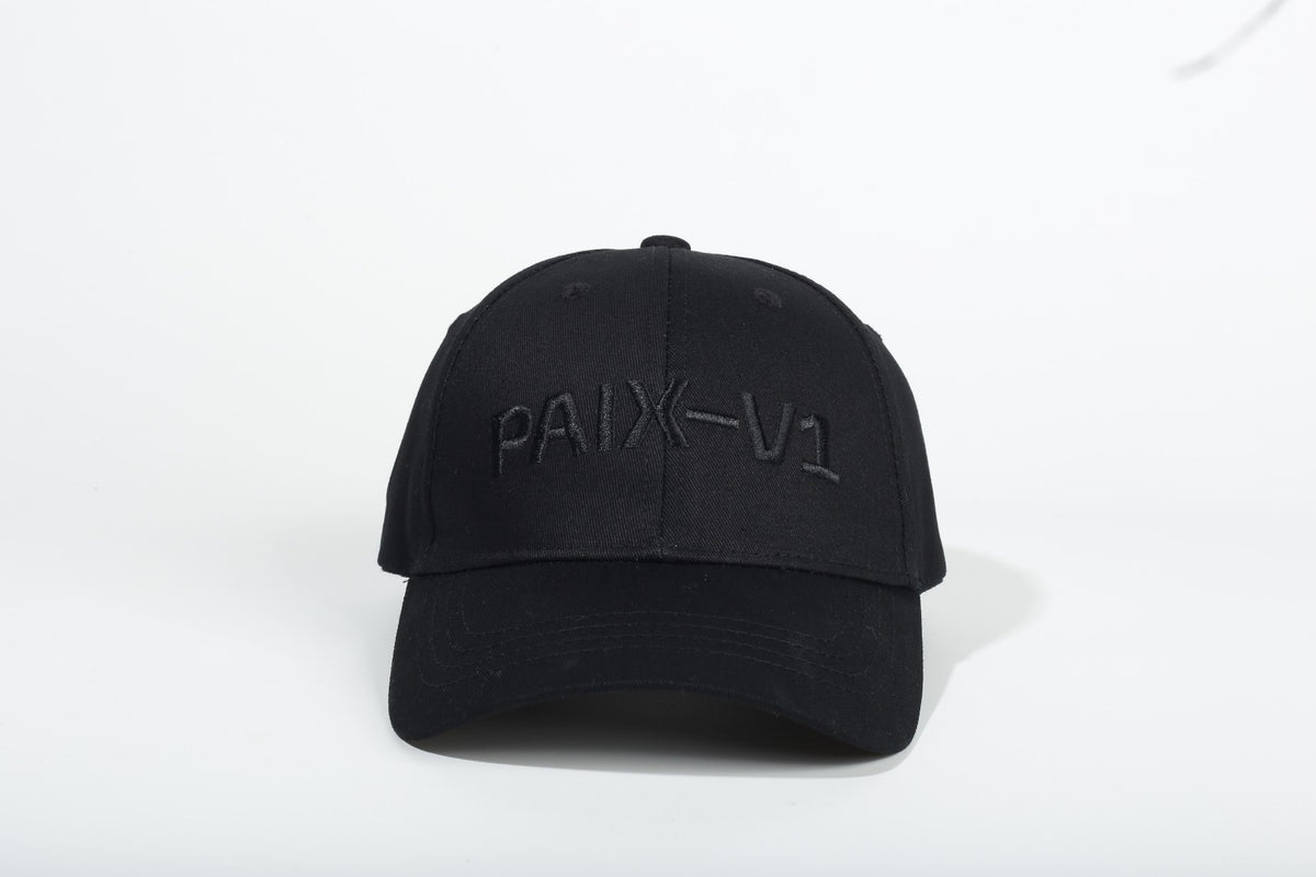 PAIX-V1 cap in all black with black embroidered logo, front view
