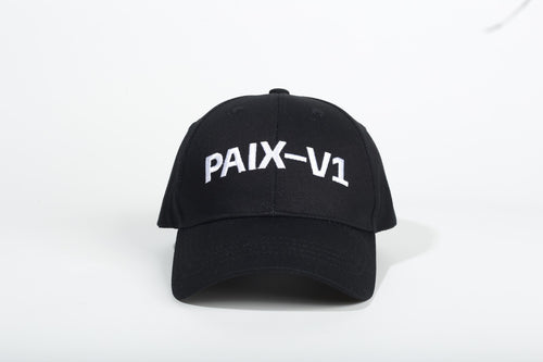 PAIX-V1 cap in black with white embroidered logo, front view