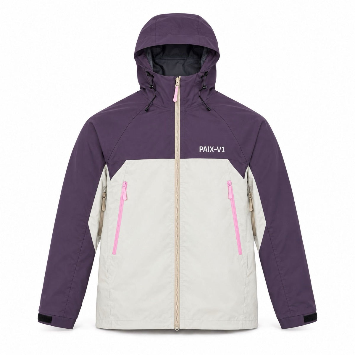 PAIX-V1 PINK CODE 007 jacket, front view, plum and light grey with pink zip pulls